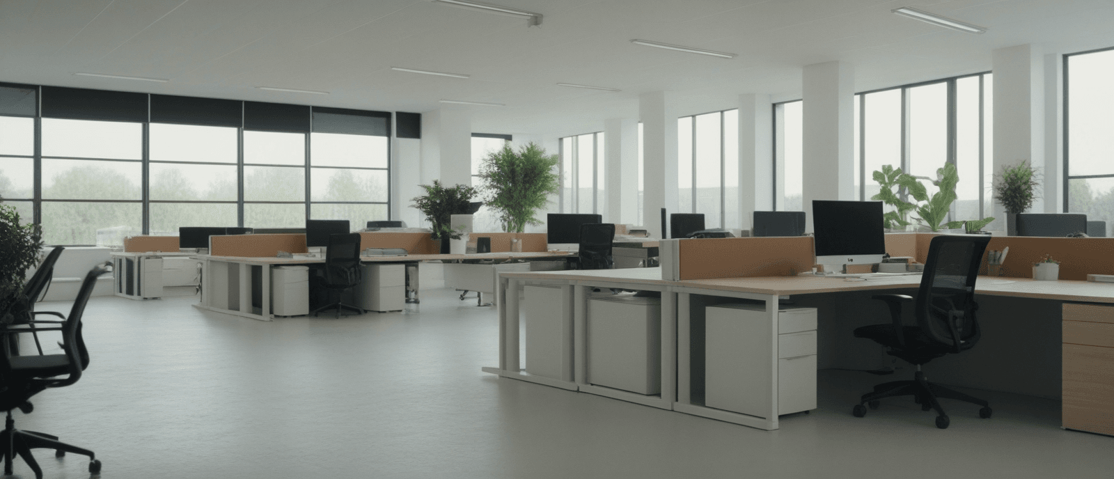 AI-generated image of an open-plan corporate office — rows of desks with monitors, soft daylight from floor-to-ceiling windows.