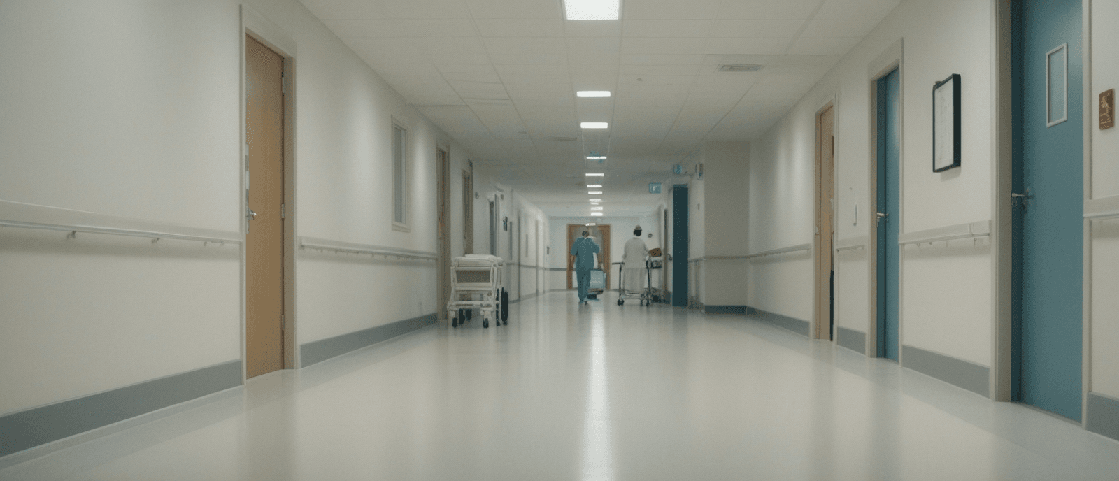 AI-generated image of a modern hospital corridor — clean overhead lighting, doors visible, a staff member walking in mid-distance.