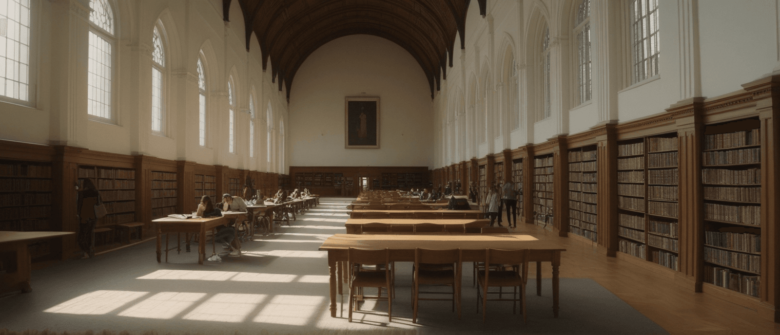 AI-generated image of a university library reading hall — long tables, students working, tall bookshelves, afternoon light through tall windows.