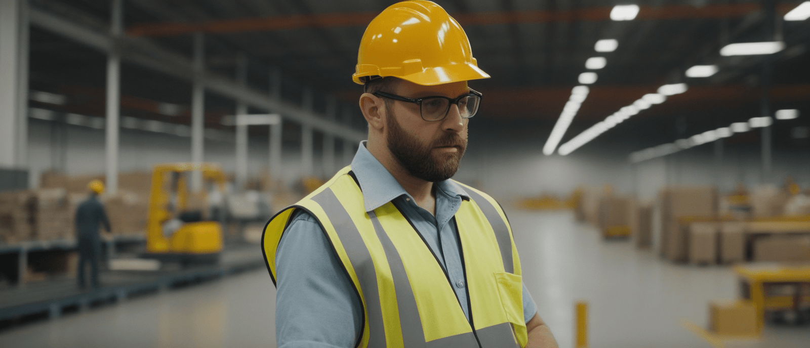 AI-generated image of an industrial shop floor — worker in proper PPE inspecting equipment, machinery visible in the background.