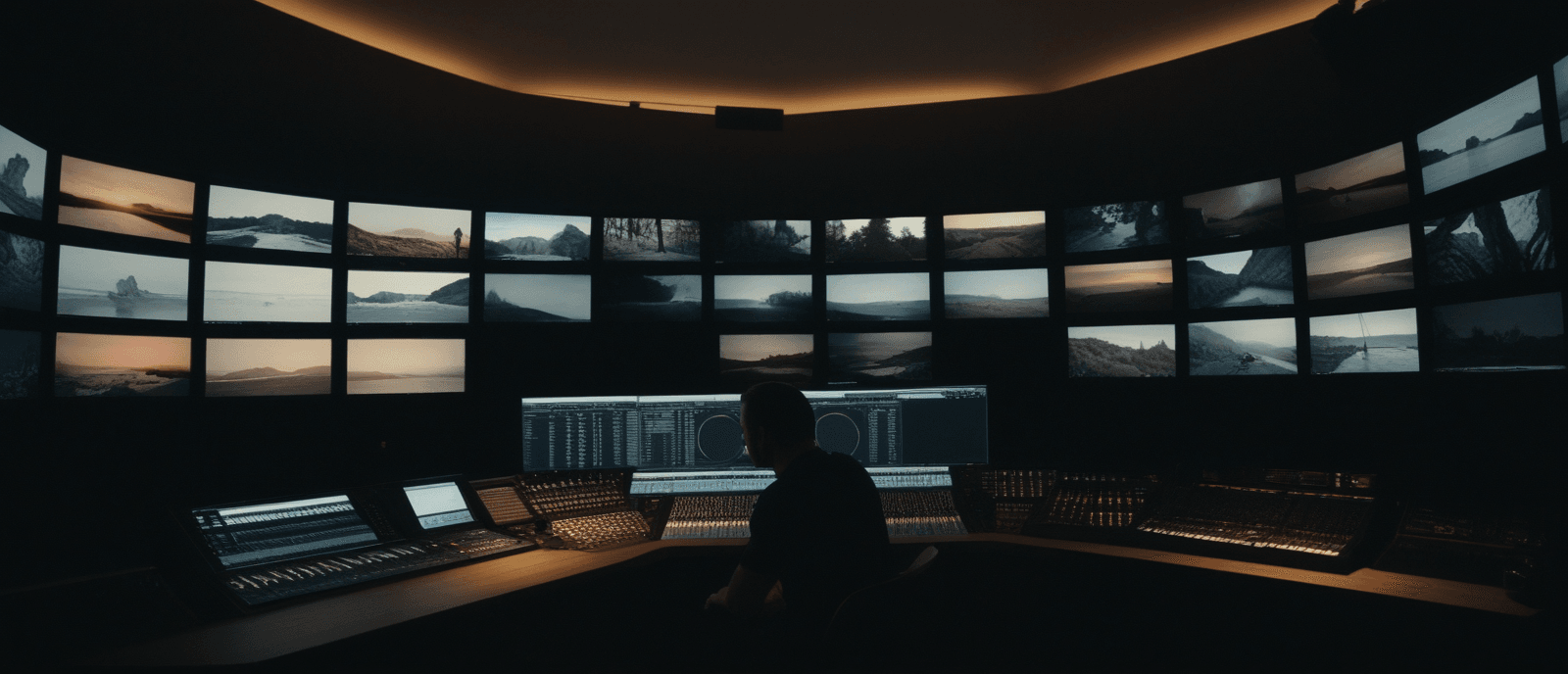 AI-generated image of a dim editing / colour-grading suite — colourist at console with calibrated monitors and accent lighting.