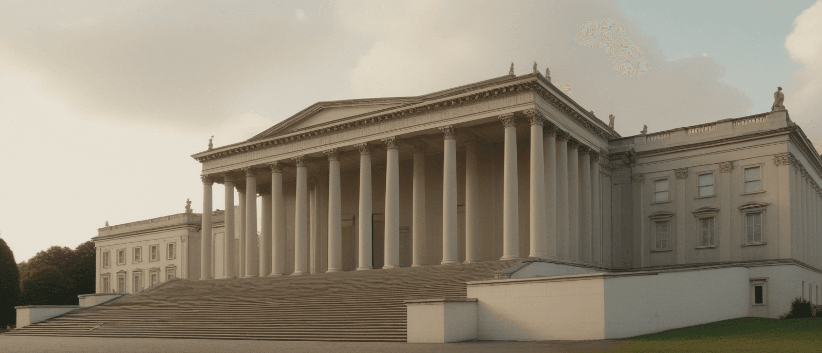 AI-generated architectural image of a civic / institutional building exterior — modernist composition, no people in frame.