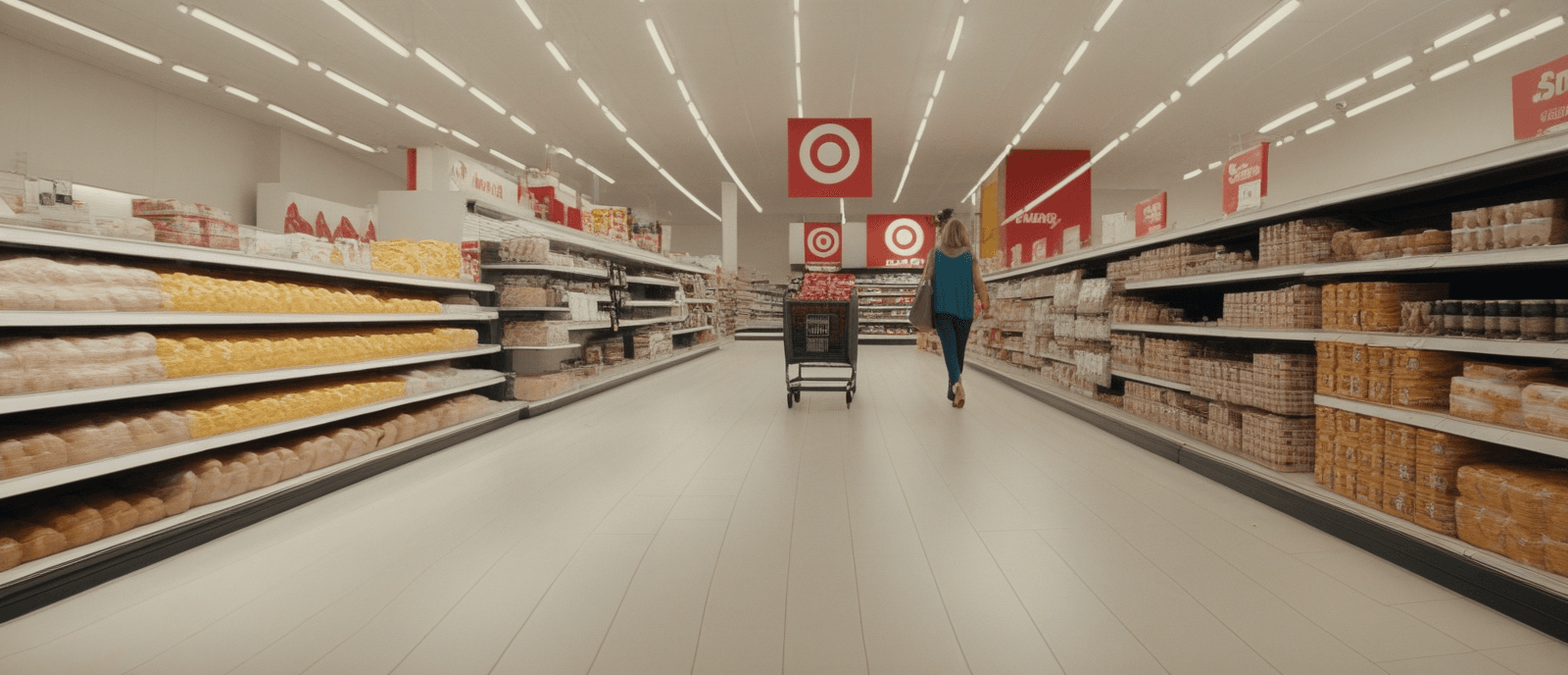 AI-generated image of a modern retail interior — wide central aisle, bright lighting, merchandise displays on either side.