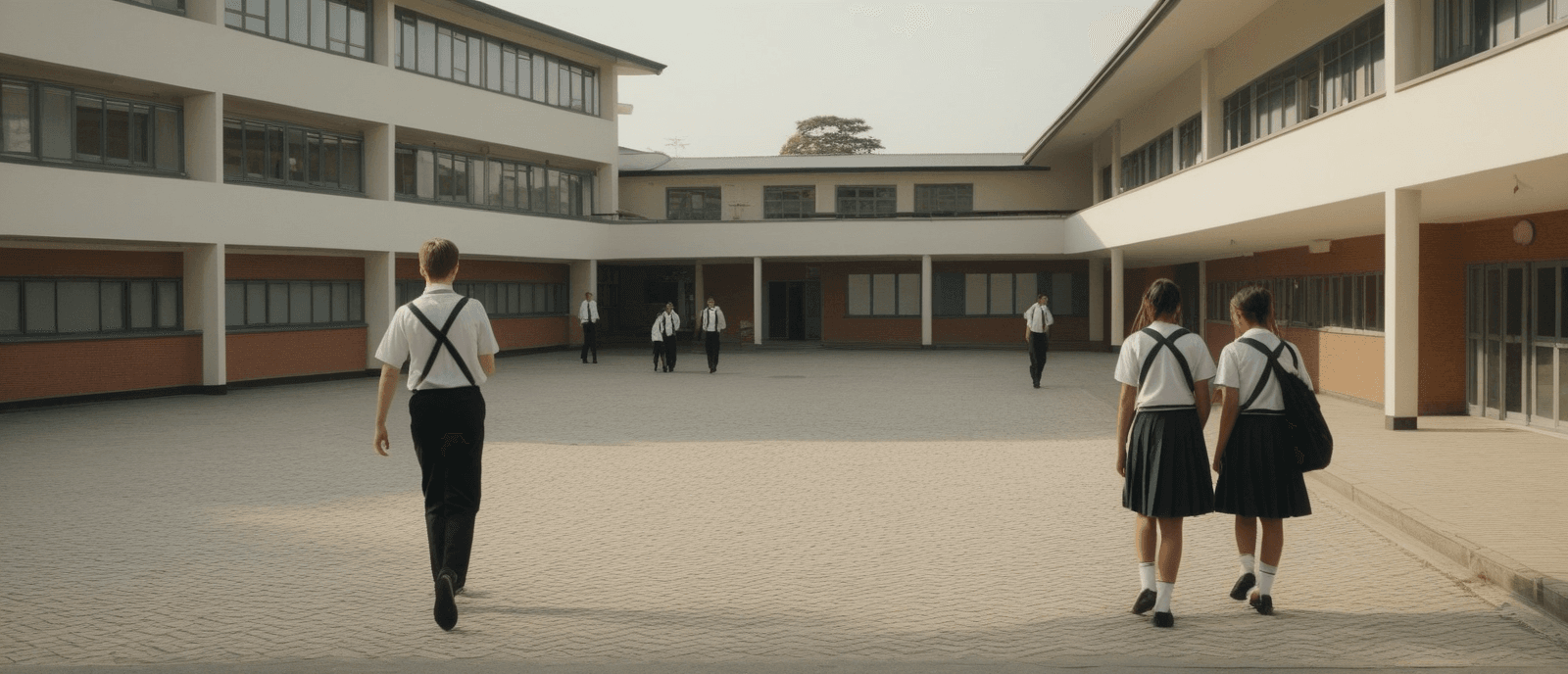 AI-generated documentary image of a school courtyard during morning arrival — students in uniform walking toward classroom blocks.
