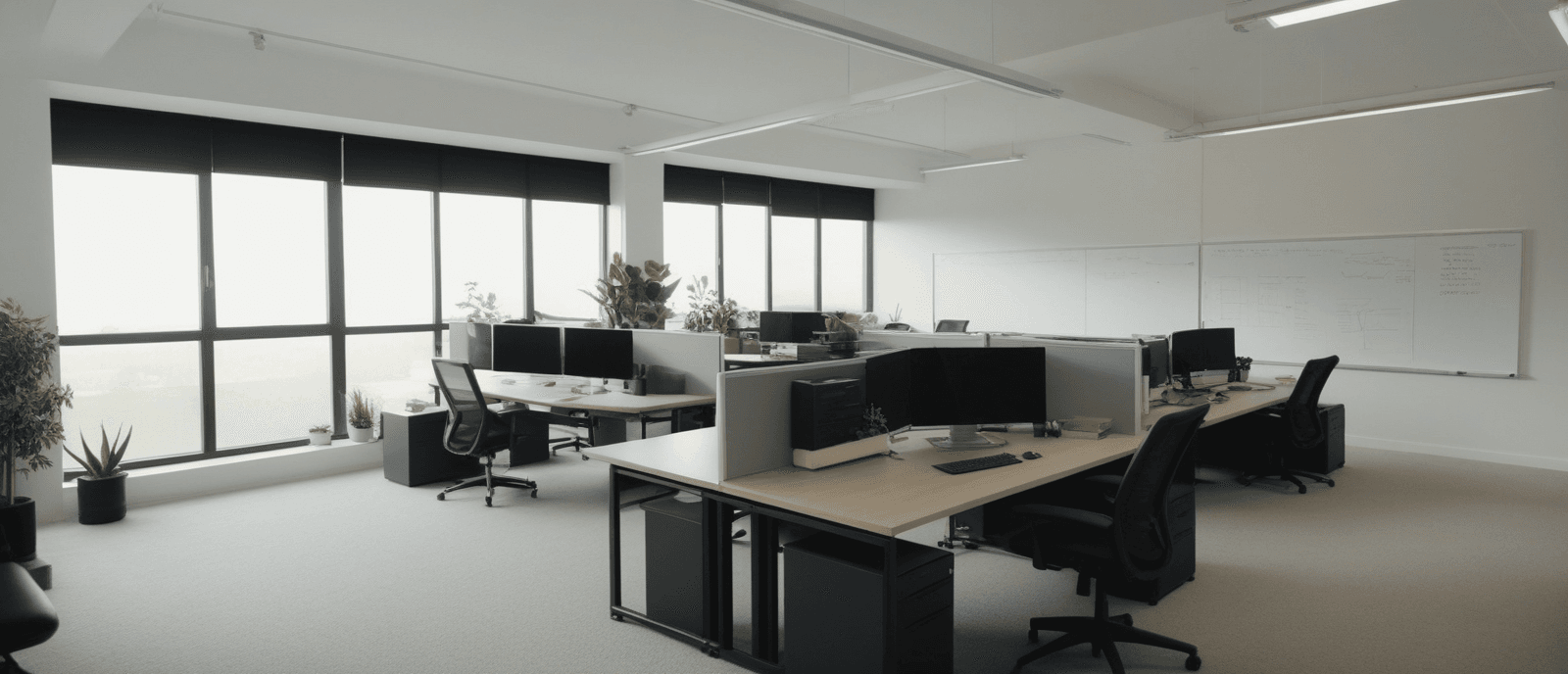 AI-generated image of a software engineering team workspace — engineers collaborating at a glass whiteboard with architecture diagrams, desks with multiple monitors in foreground.