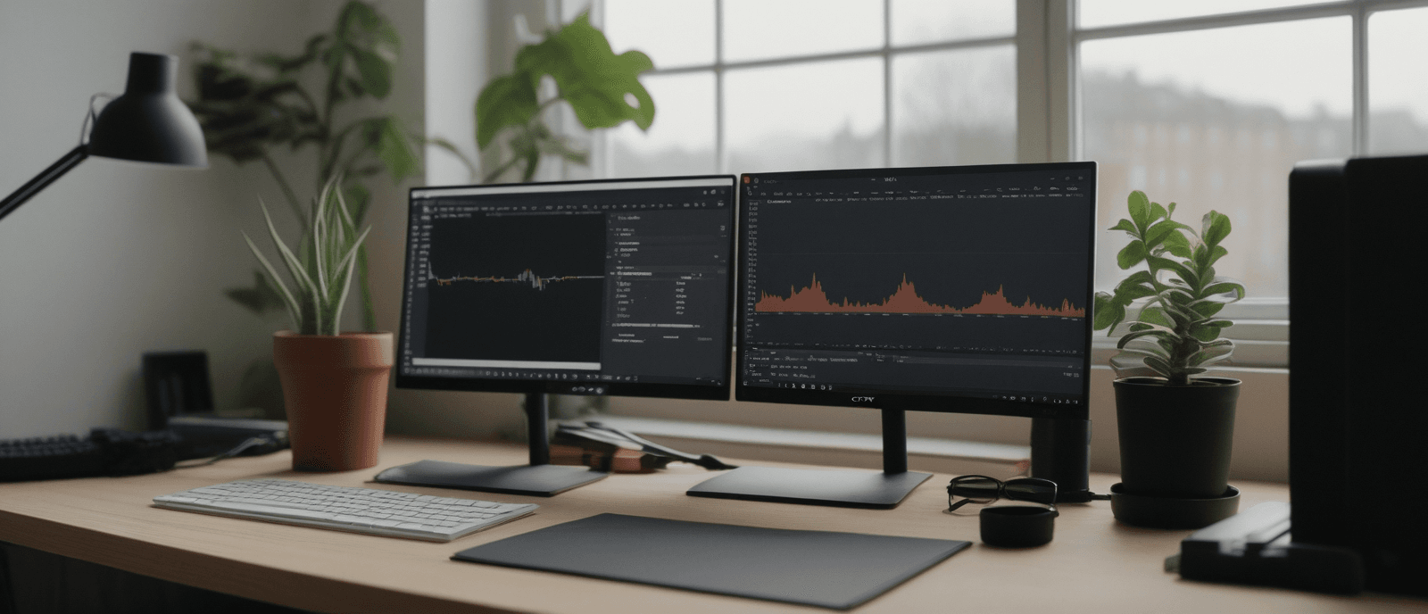 AI-generated image of an engineering workspace — monitors showing code, traces, and observability dashboards alongside a notebook of architecture sketches.