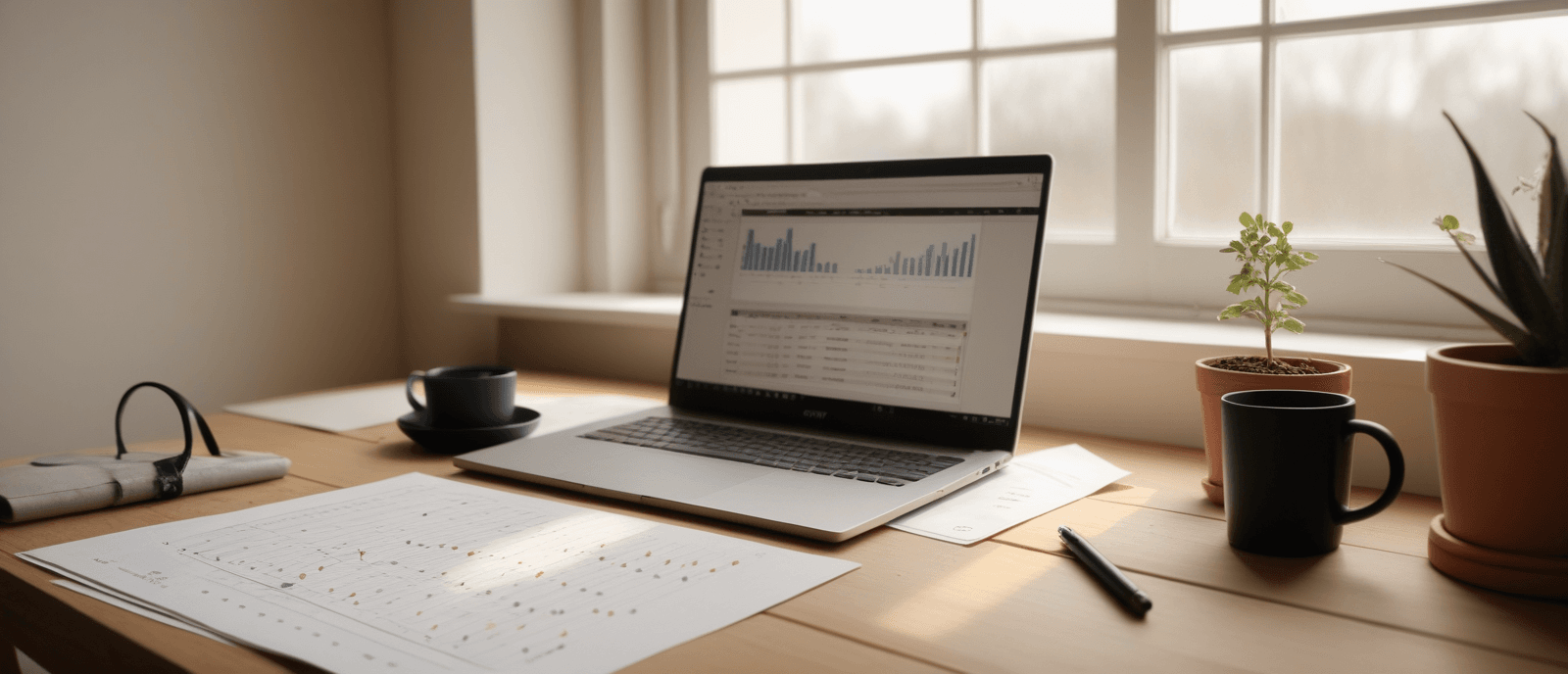 AI-generated image of a research workspace — laptop displaying data plots and analysis, printed graphs scattered on a desk, soft natural light.
