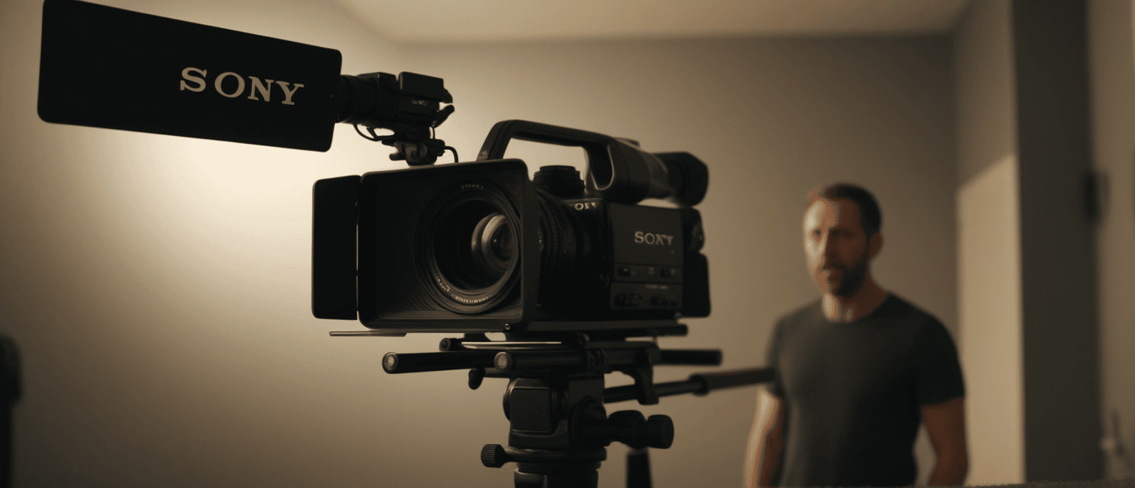 AI-generated image of a film set — cinema camera on a dolly with crew preparing the shot under diffused lighting.