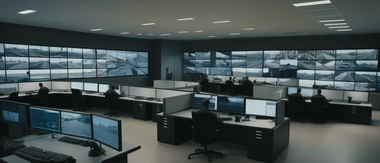 AI-generated wide shot of a security operations centre — a wall of monitors displaying camera feeds and operators reviewing them calmly.