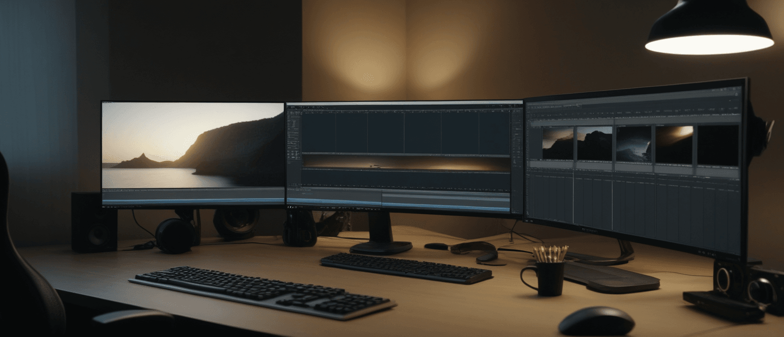 AI-generated image of a VFX compositing suite — multi-monitor workstation showing a node graph, timeline, and rendered frame preview.