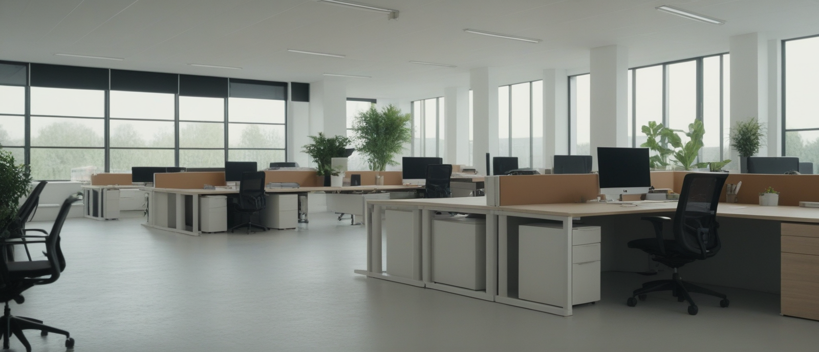 AI-generated image of an open-plan corporate office — rows of desks with monitors, soft daylight from floor-to-ceiling windows.