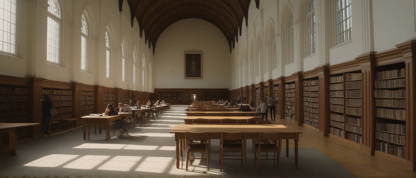 AI-generated image of a university library reading hall — long tables, students working, tall bookshelves, afternoon light through tall windows.
