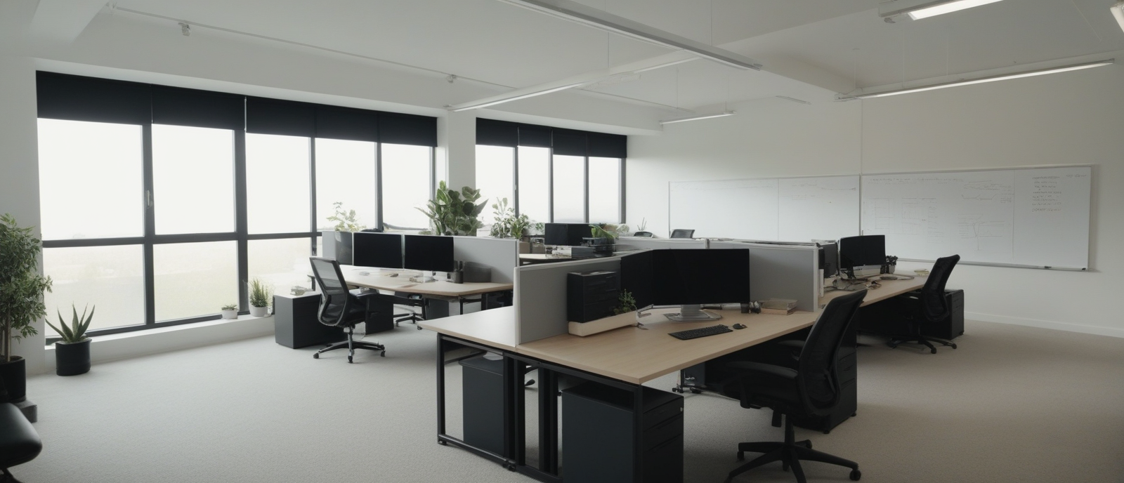 AI-generated image of a software engineering team workspace — engineers collaborating at a glass whiteboard with architecture diagrams, desks with multiple monitors in foreground.