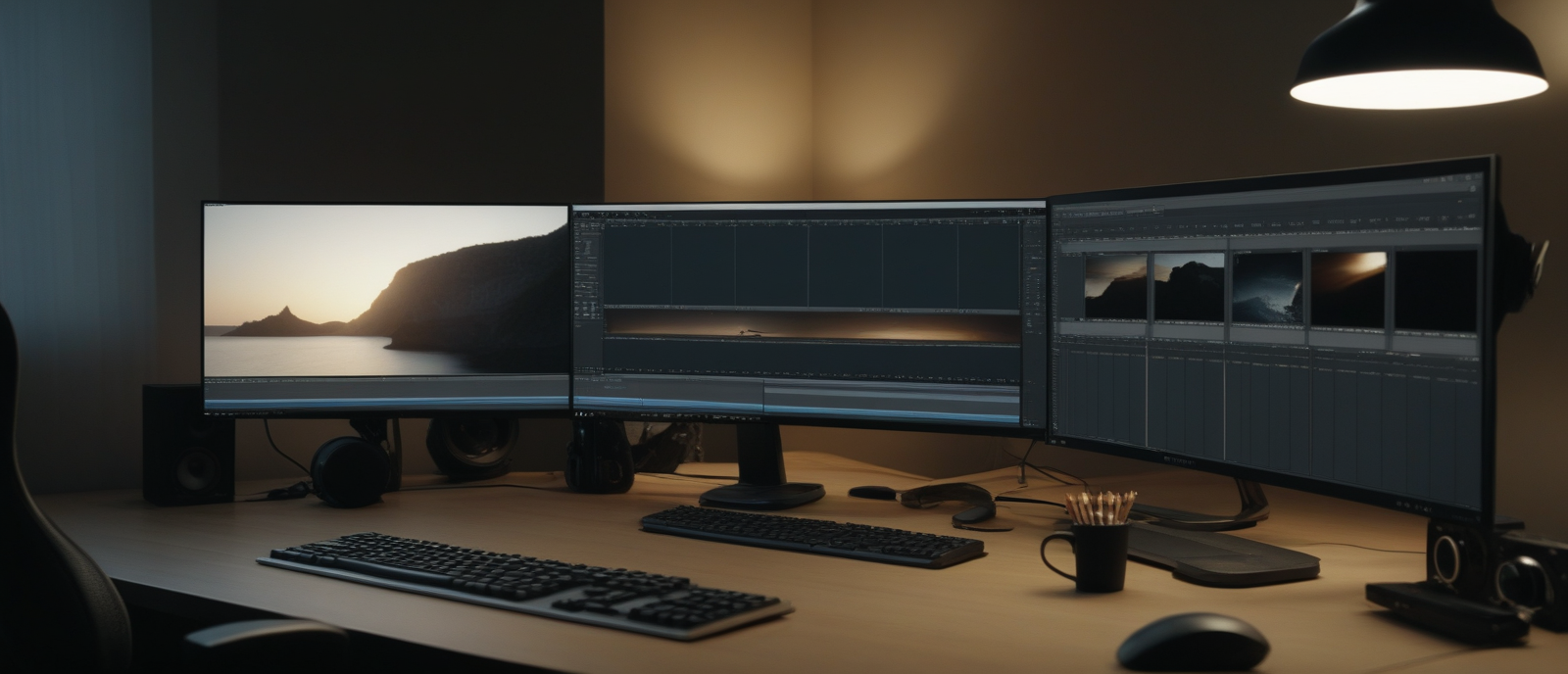 AI-generated image of a VFX compositing suite — multi-monitor workstation showing a node graph, timeline, and rendered frame preview.